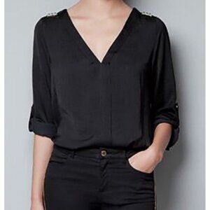 Zara Basic Black V-Neck Rolled Sleeves Silver Pyramid Studded Shoulders Blouse